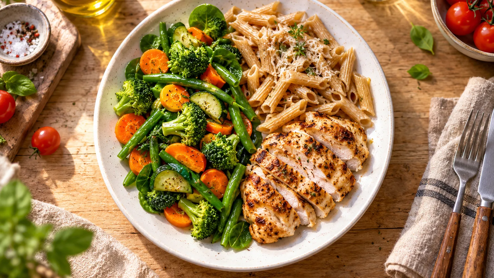 Vue du dessus d’une grande assiette blanche, assiette équilibrée