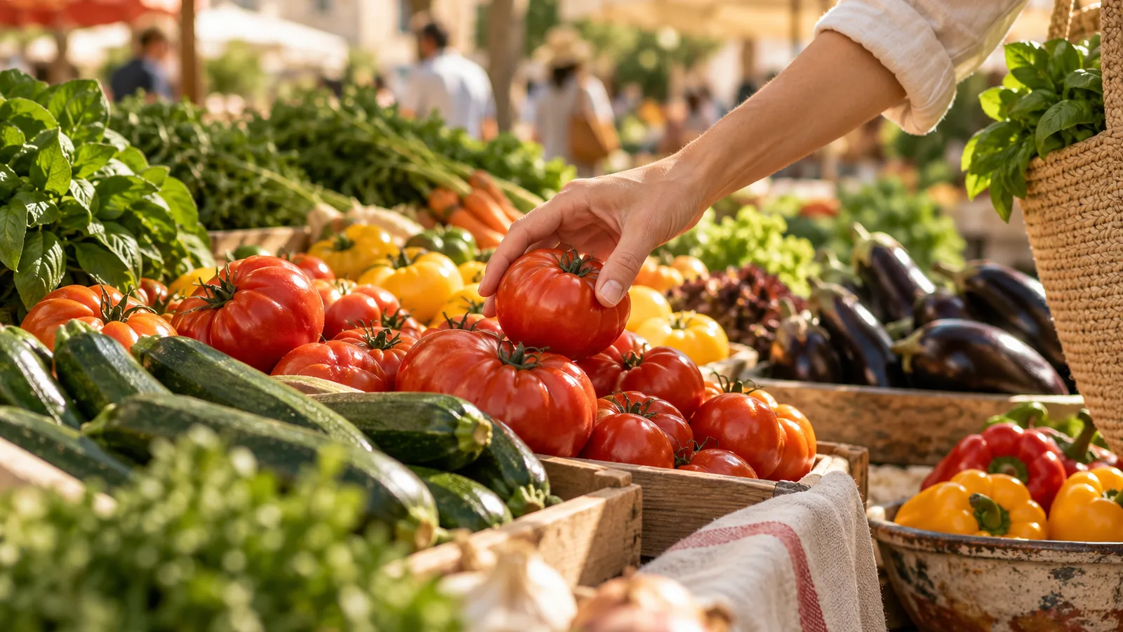 Main choisissant une tomate bien mûre sur un étal de marché garni de légumes variés, bien choisir ses produits