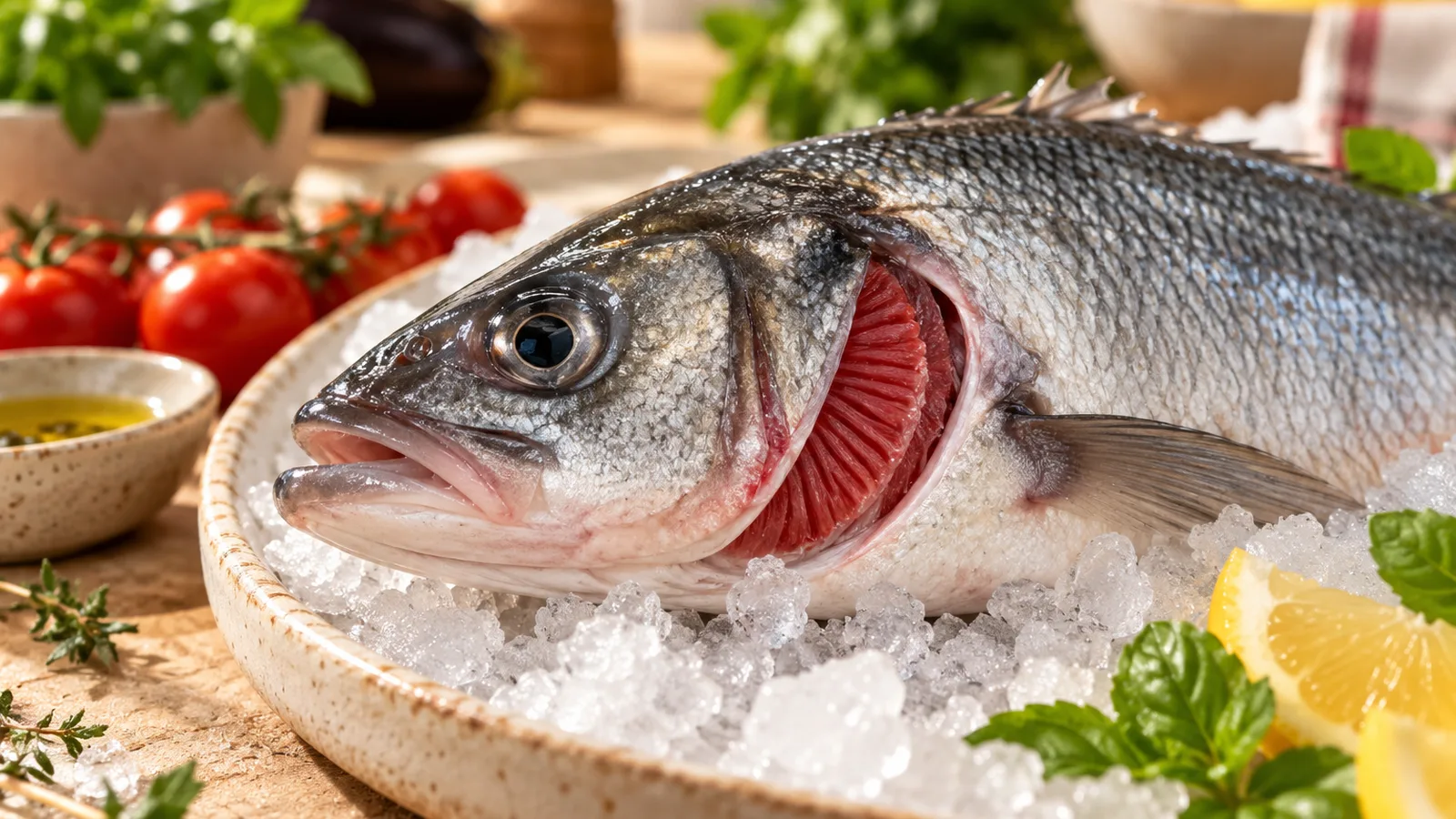 Gros plan sur l’œil brillant et les ouïes rouges d’un bar entier posé sur un lit de glace pilée, bien choisir son poisson