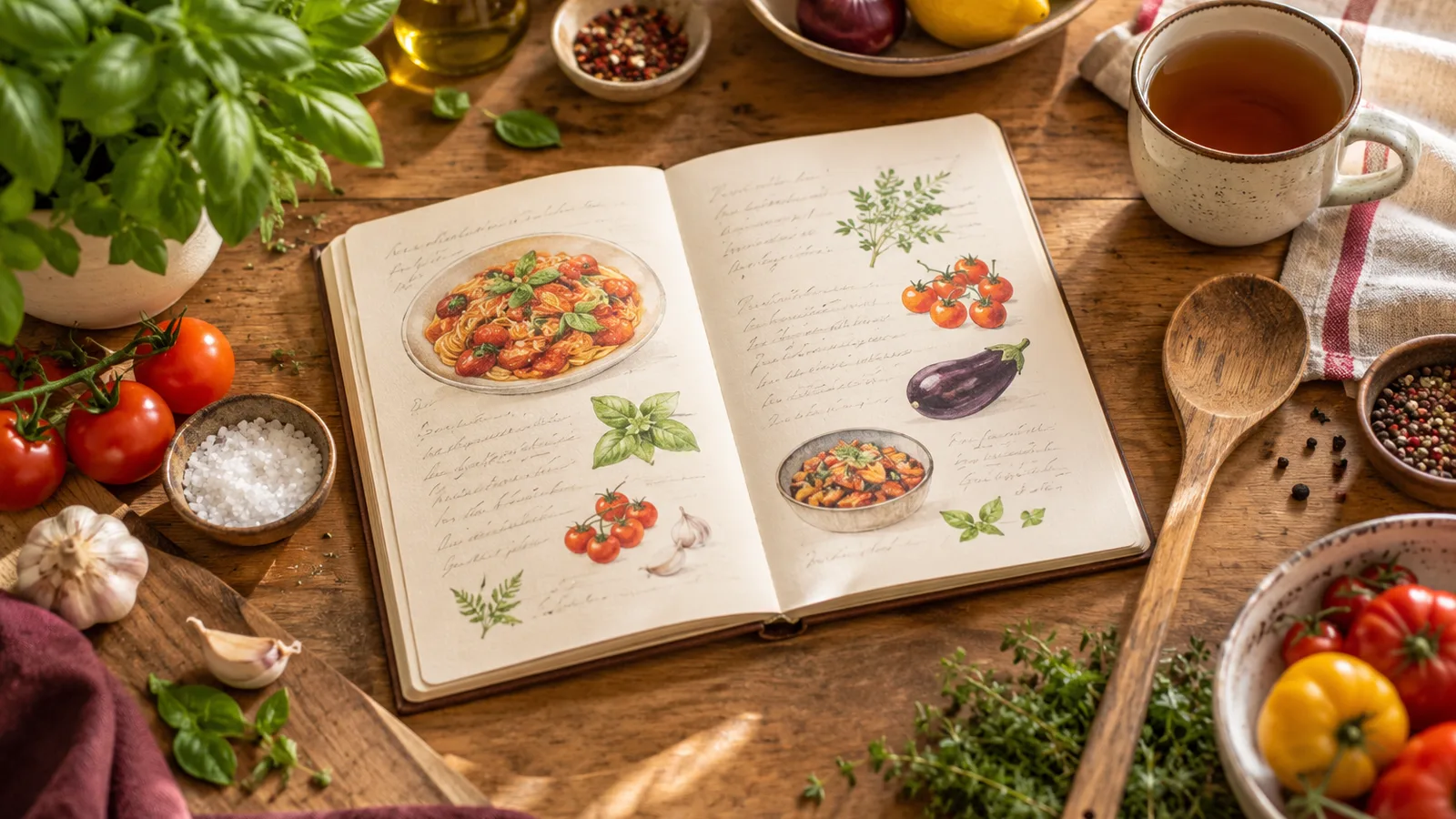 Vue du dessus d’un plan de travail avec carnet de recettes ouvert sans texte lisible, blog cuisine et équilibre