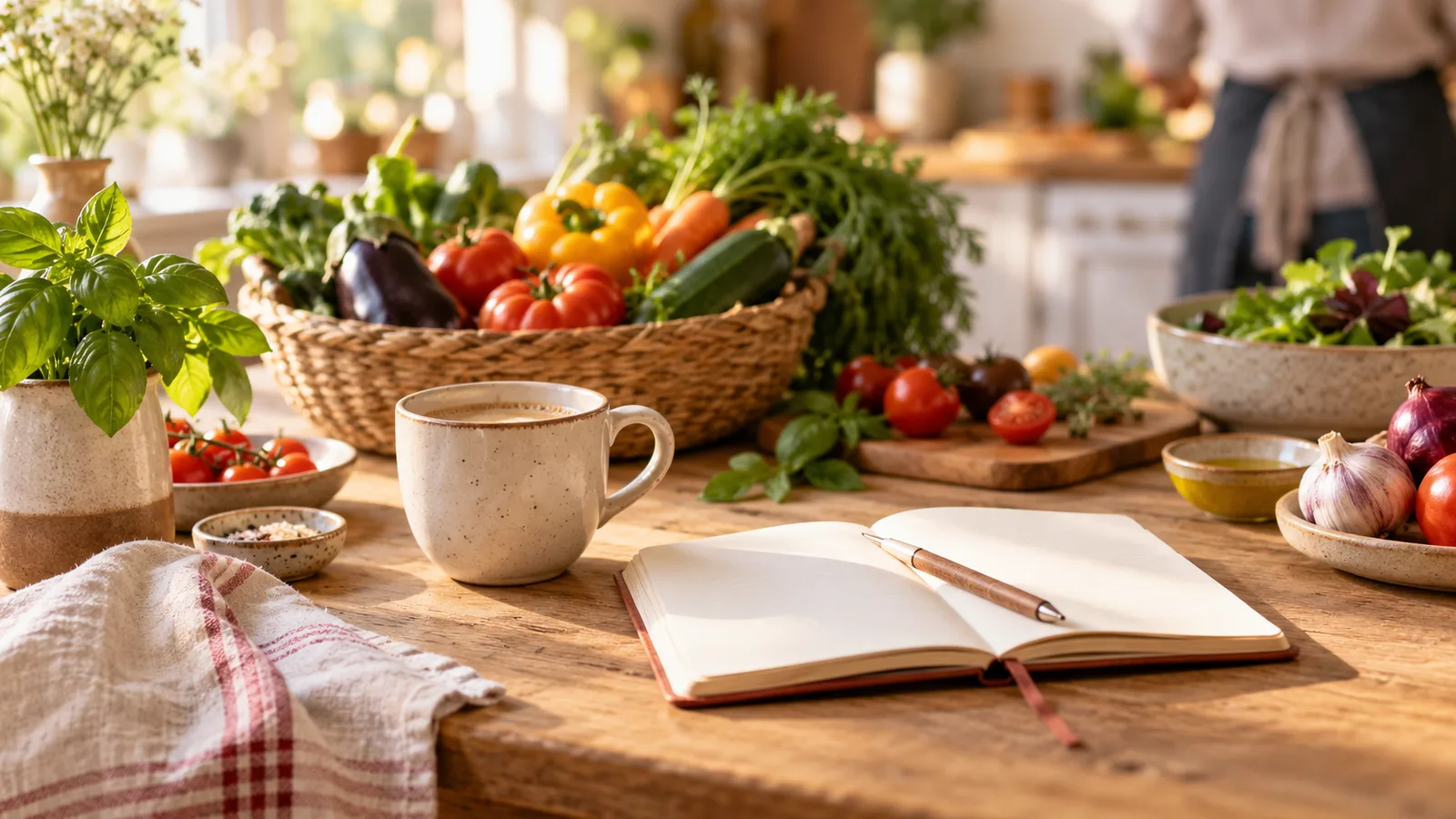 Table de cuisine en bois avec tasse de café, Le bon repas