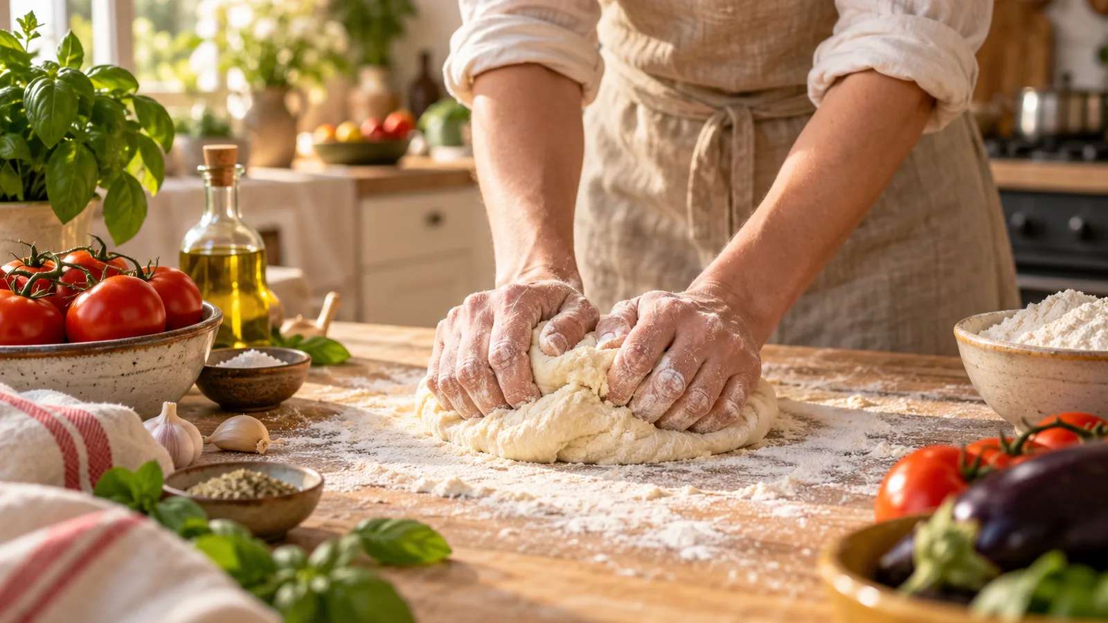 Mains pétrissant une pâte farinée sur un plan de travail en bois dans une cuisine familiale baignée de lumière, cuisine maison