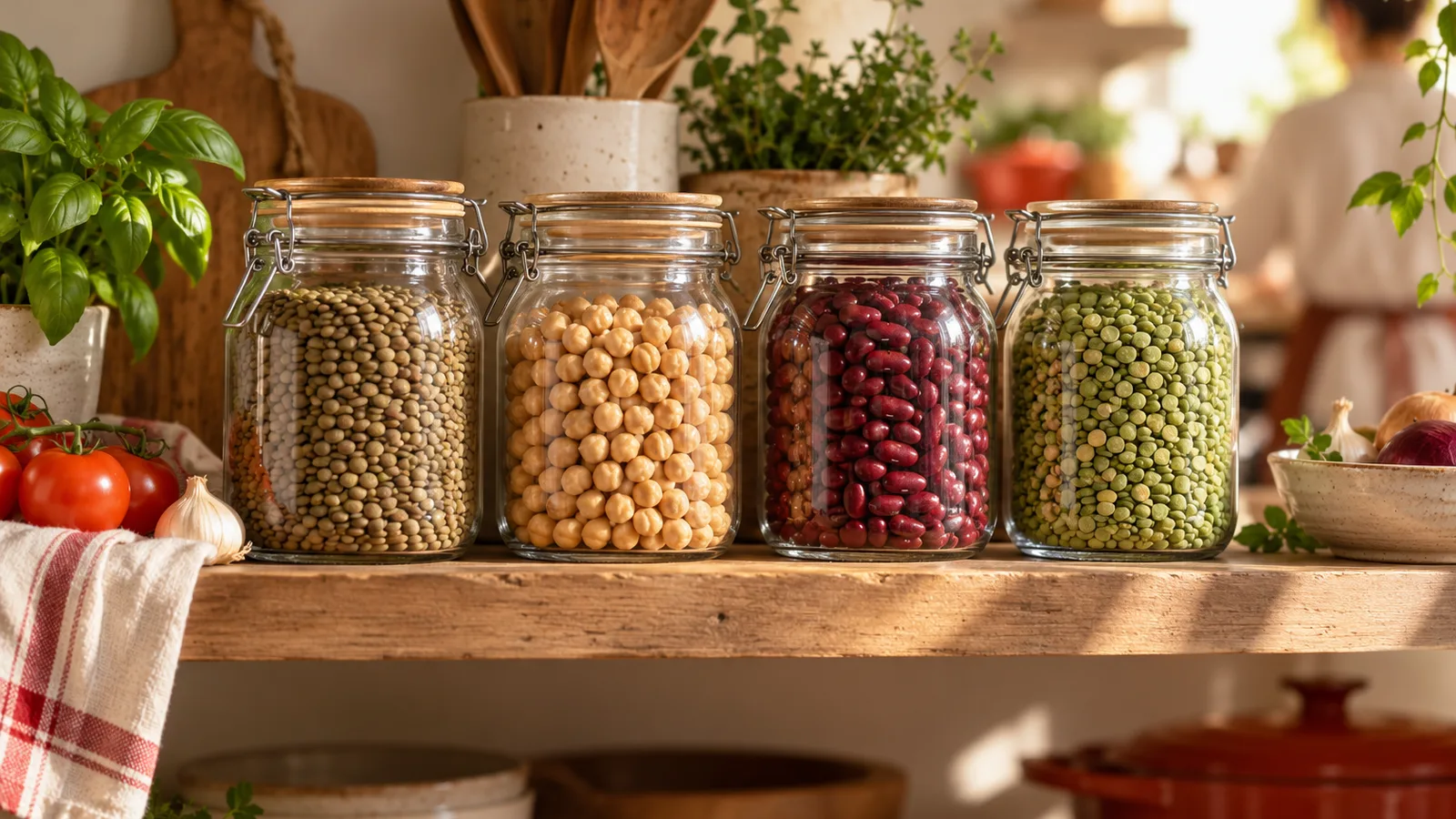 Bocaux en verre alignés de lentilles vertes, cuisiner les légumineuses