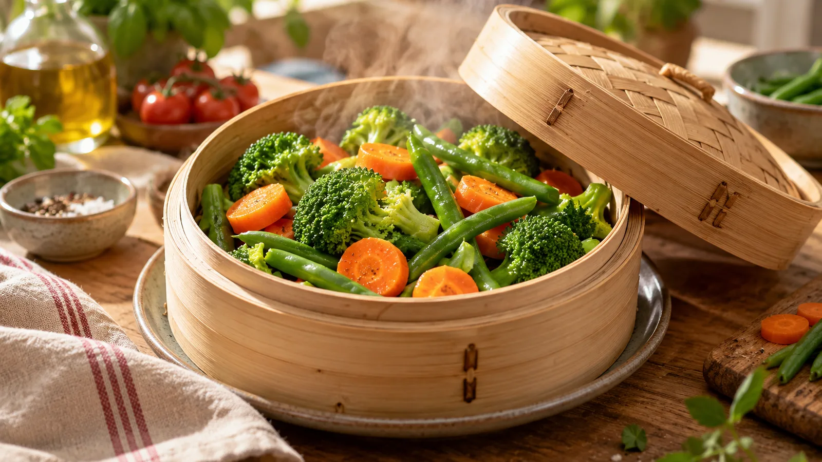 Panier vapeur en bambou ouvert sur des brocolis, cuisson des légumes