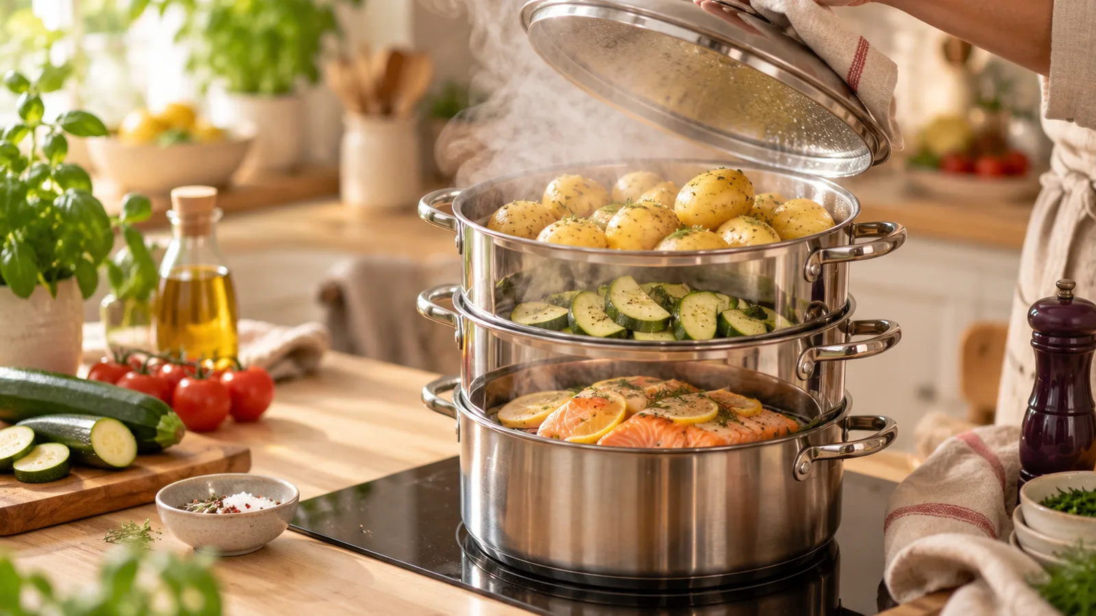 Cuit-vapeur à étages ouvert dévoilant pommes de terre, cuisson vapeur