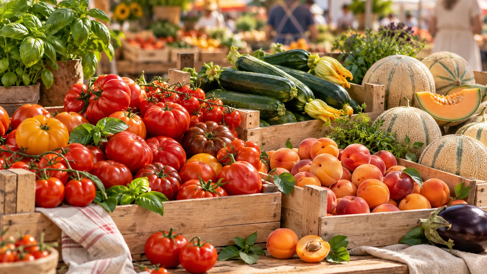 Étal de marché d’été débordant de tomates, fruits et légumes de saison