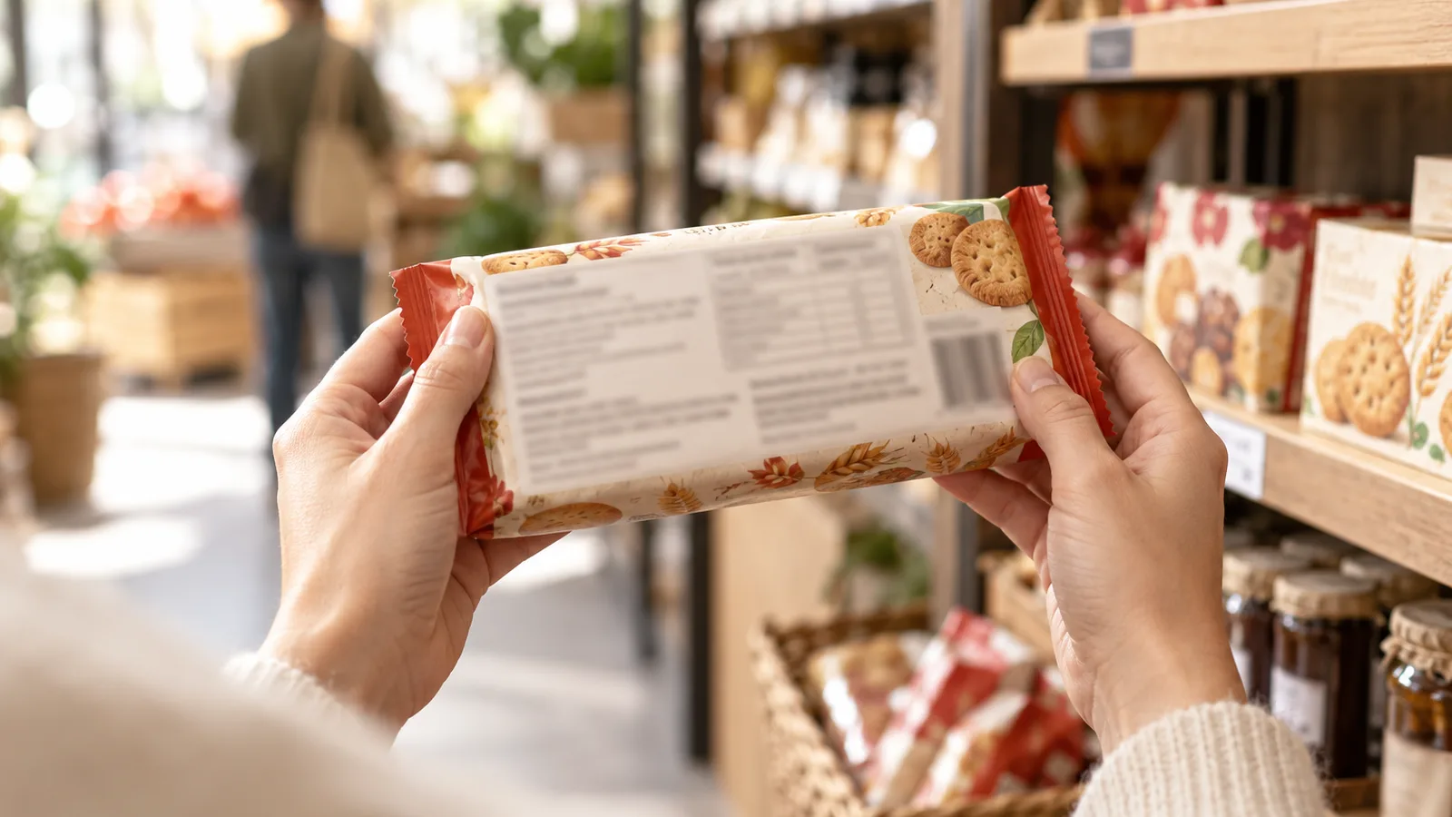 Mains tenant un paquet de biscuits retourné sans marque, lire une étiquette alimentaire