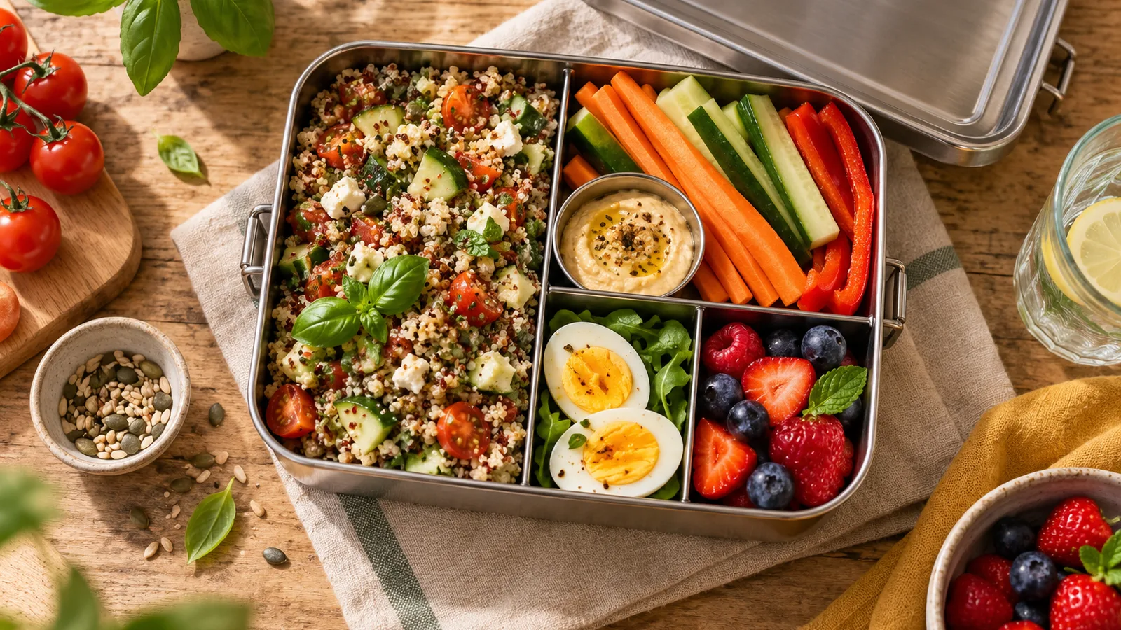 Lunch box en inox ouverte à compartiments avec salade de quinoa, lunch box