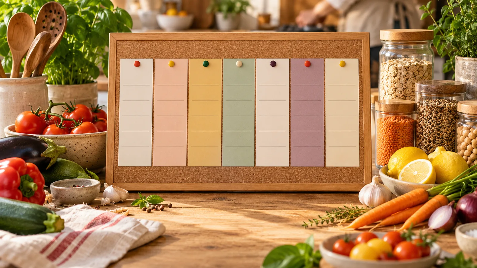 Planning hebdomadaire vierge de texte lisible sur une planche en liège entouré de légumes, menus de la semaine