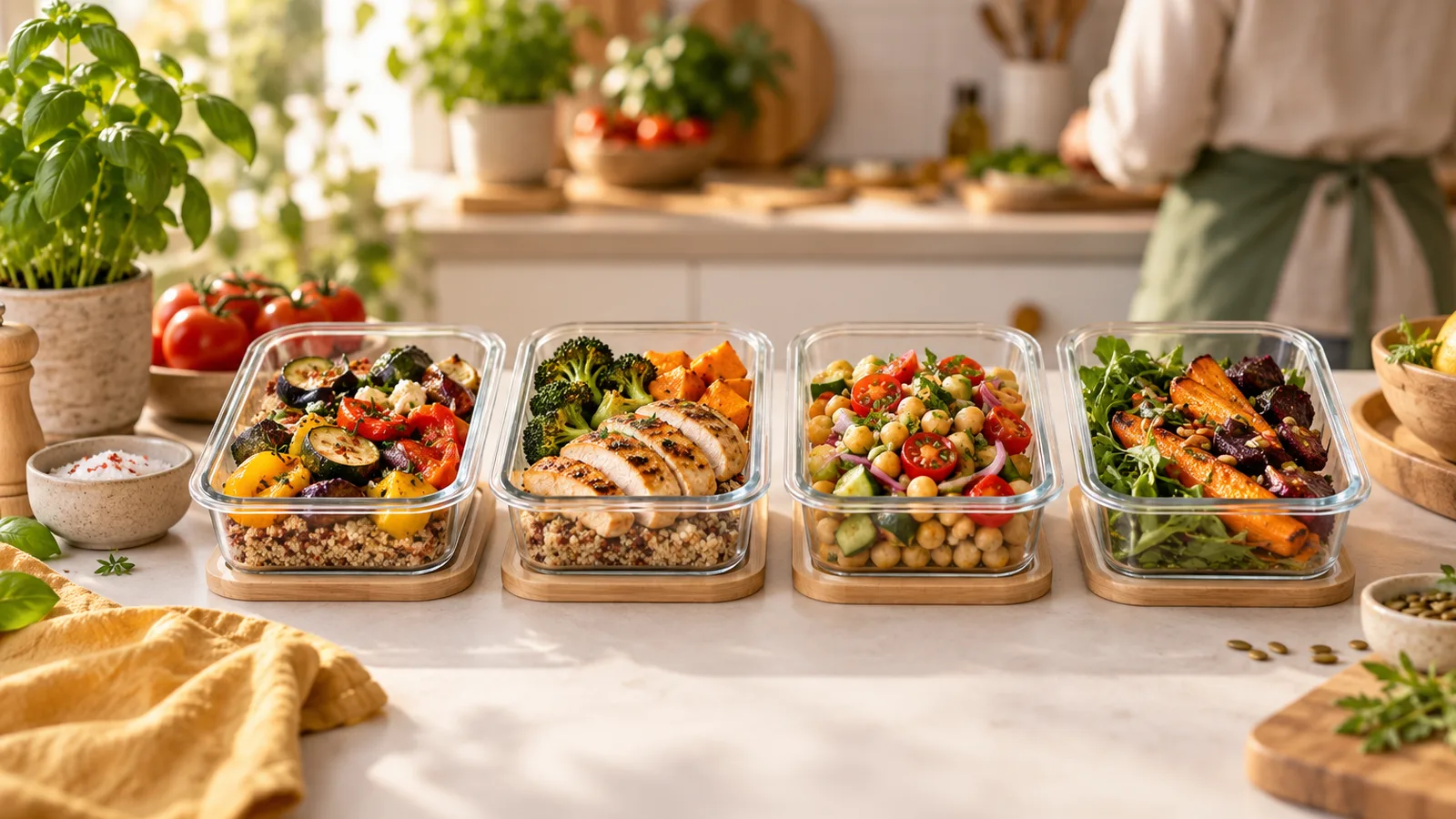 Boîtes de conservation en verre alignées avec repas préparés, organiser ses repas