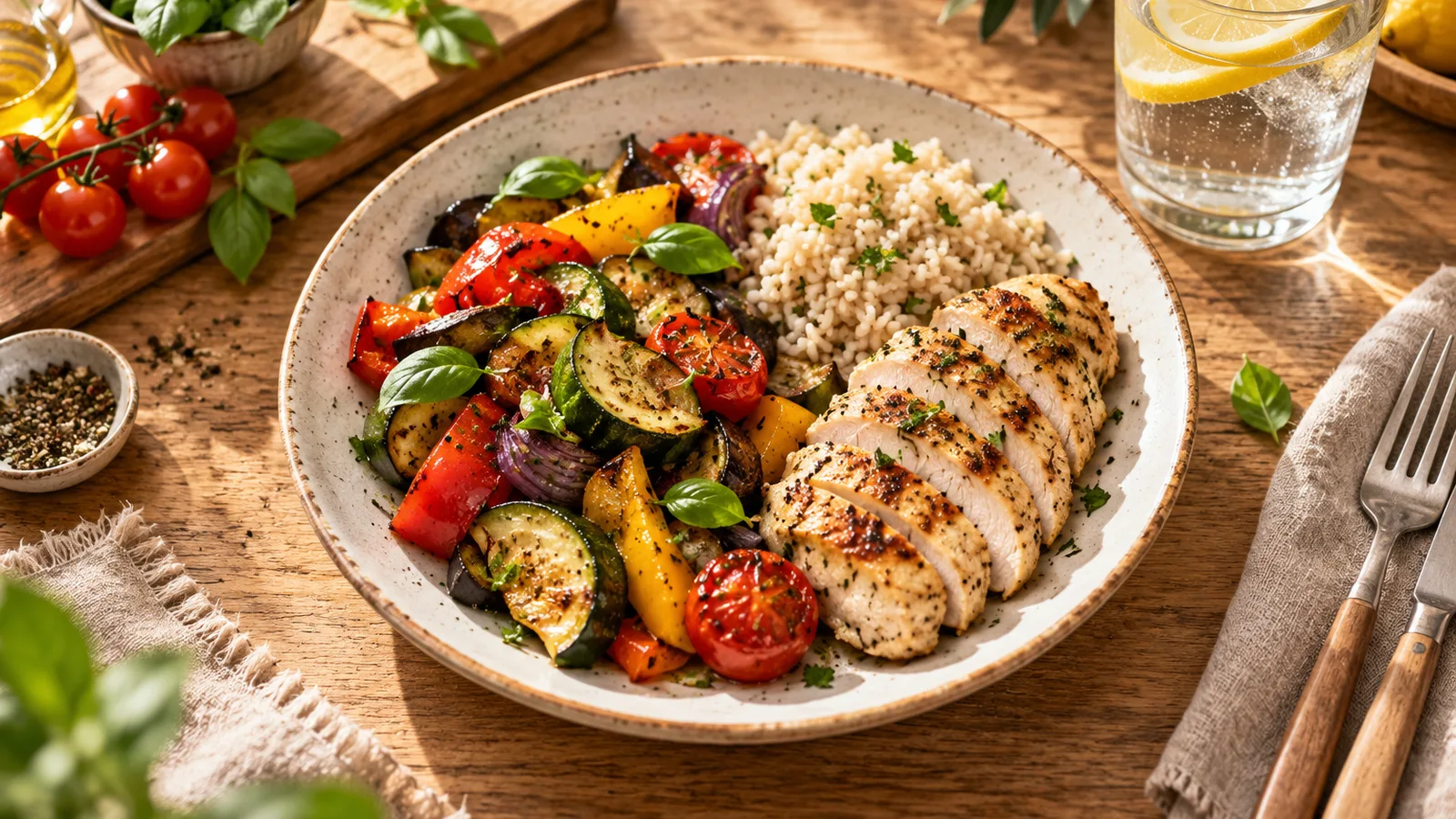Vue du dessus d’une assiette généreuse de légumes grillés, repas pour perdre du poids