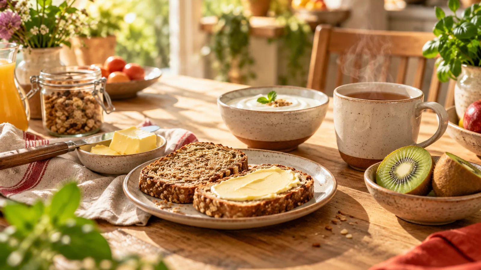 Table de petit-déjeuner au soleil avec pain complet, petit-déjeuner équilibré