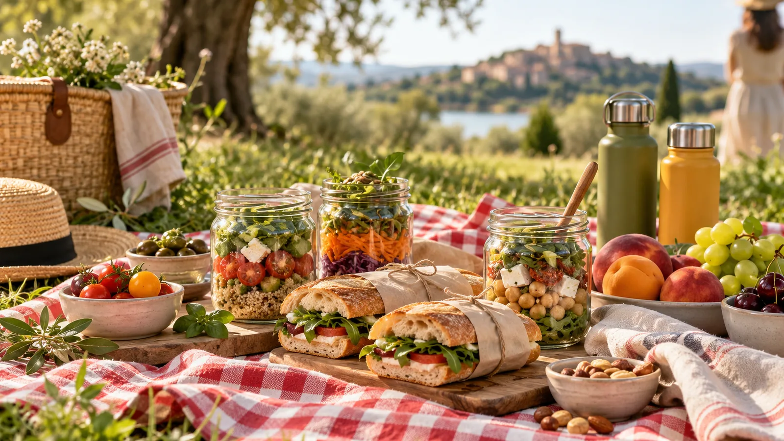 Nappe à carreaux étalée dans l’herbe avec salades en bocaux, pique-nique