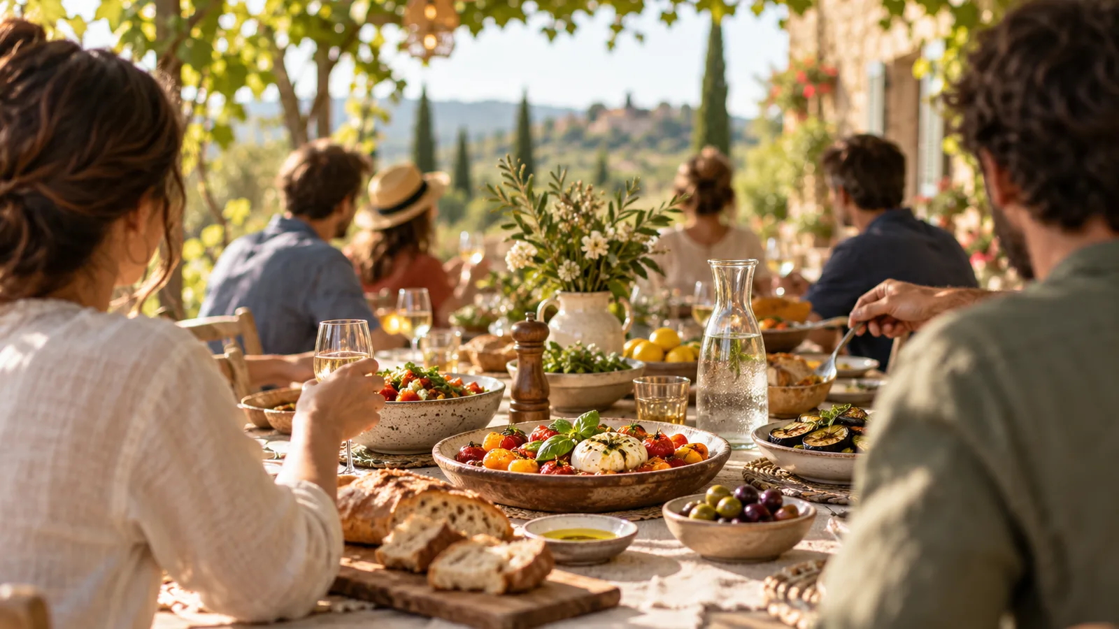Grande tablée en extérieur sous une treille, repas convivial