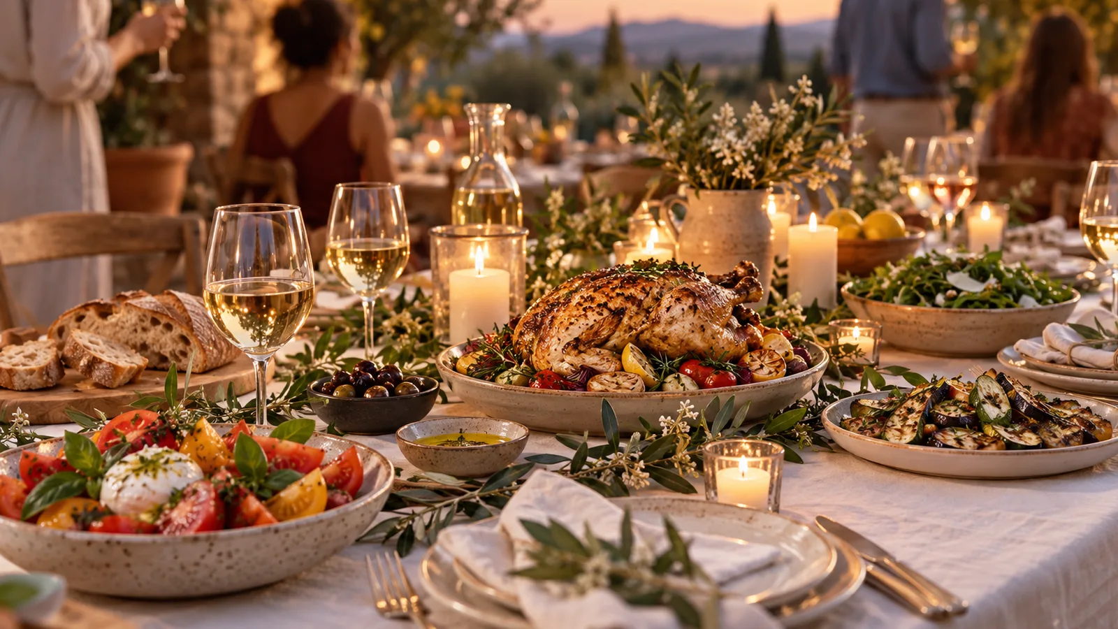 Longue table de fête dressée avec nappe blanche, repas de fête