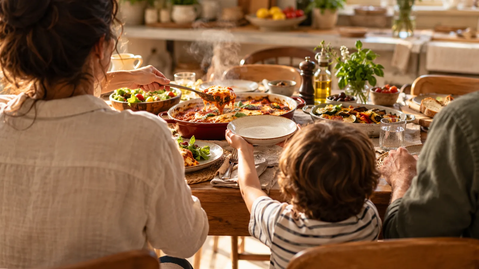 Famille de dos réunie autour d’une table de cuisine pour le dîner, repas en famille