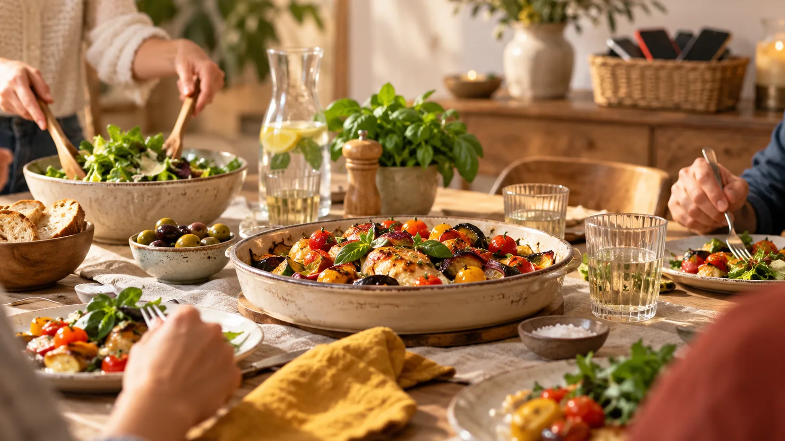Table de dîner familiale sans aucun appareil, repas sans écran