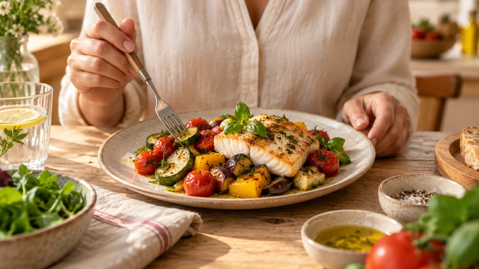 Personne mangeant lentement une assiette de légumes et poisson, sensation de satiété
