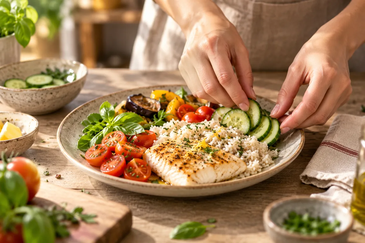 Mains disposant des tranches de concombre dans une assiette déjà garnie de riz et de filet de poisson, assiette équilibrée
