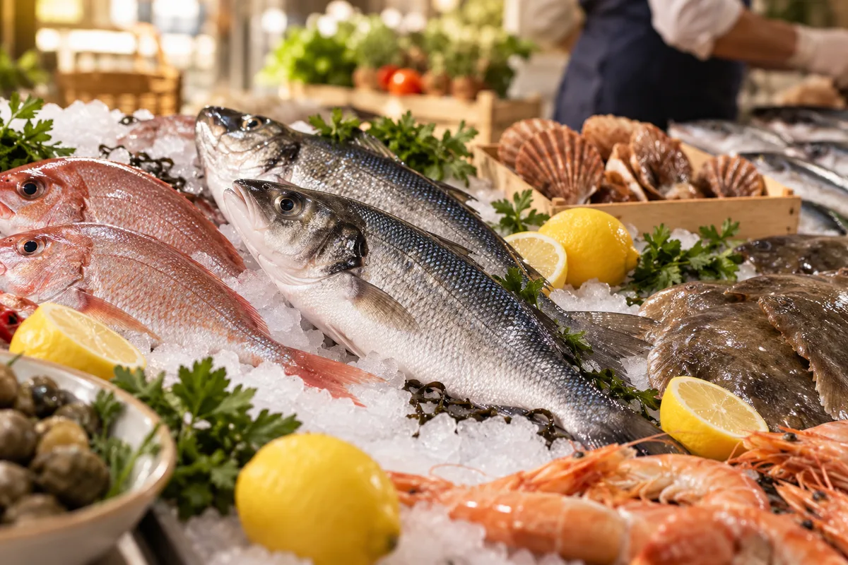 Rayon de poissonnerie sur glace pilée avec poissons entiers brillants et citrons, bien choisir ses produits