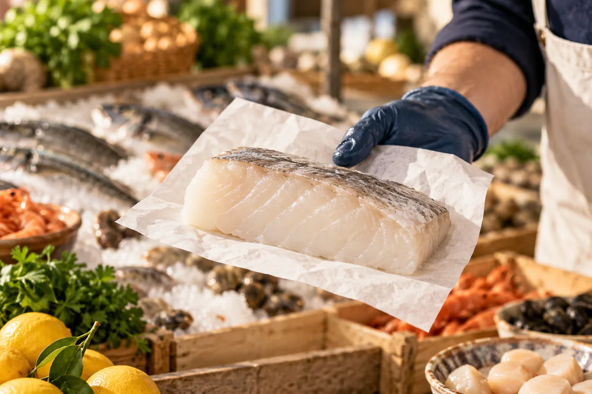 Main gantée de poissonnier présentant un pavé de cabillaud sur papier blanc, bien choisir son poisson