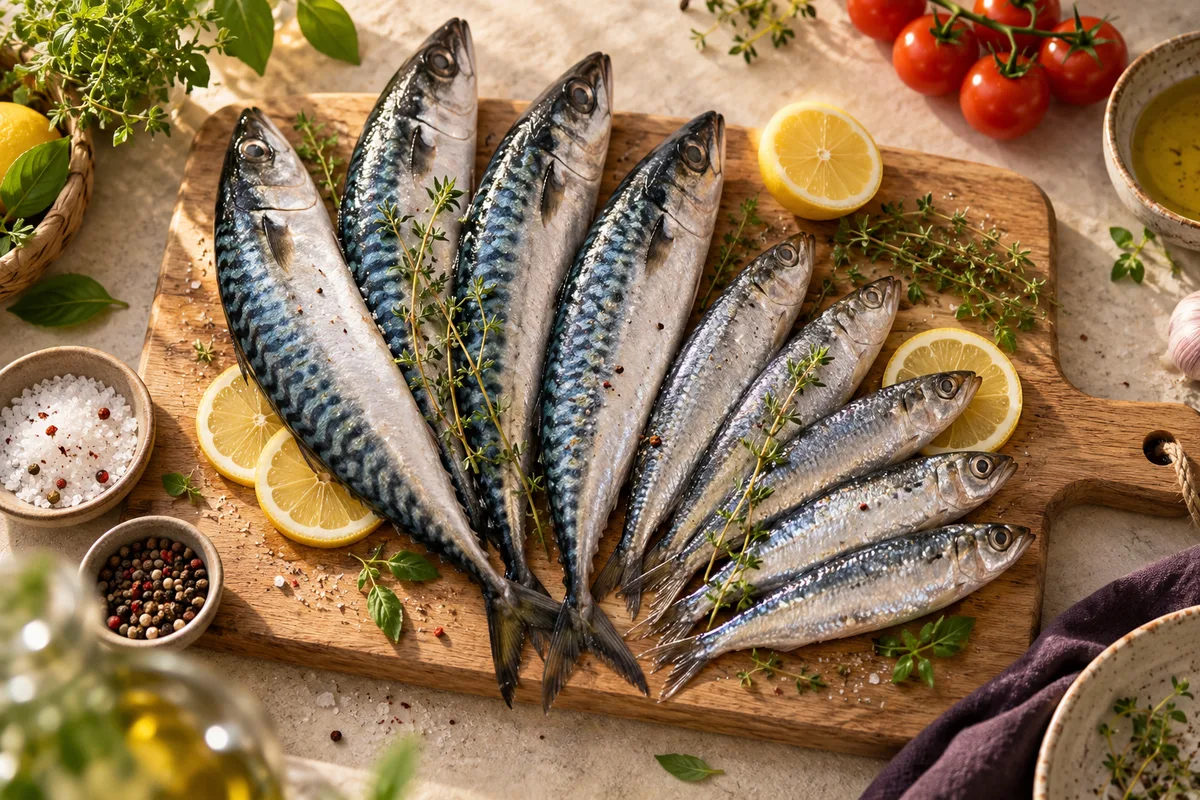 Maquereaux et sardines entiers disposés en éventail sur une planche avec citrons et thym, bien choisir son poisson