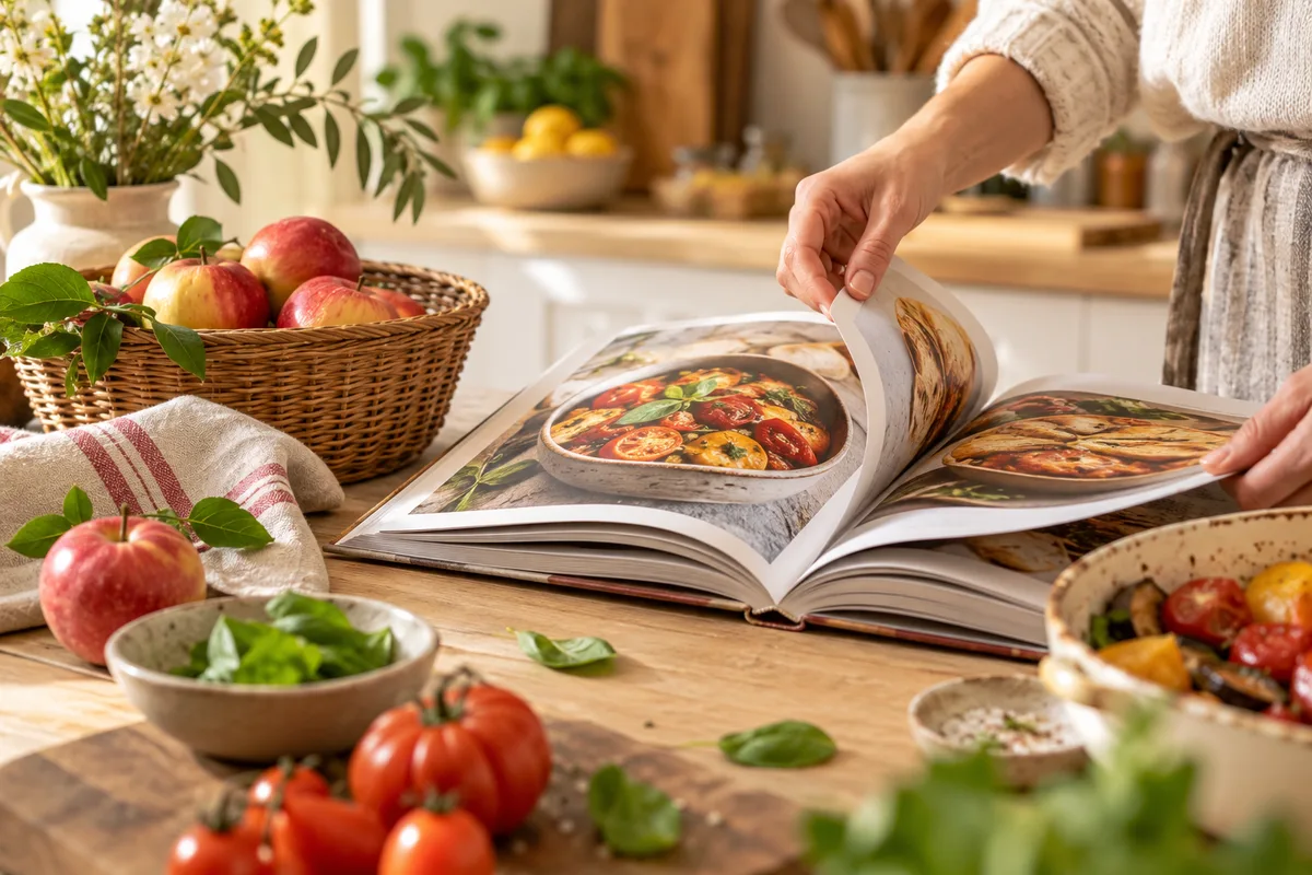 Main feuilletant un livre de cuisine illustré posé près d’une corbeille de pommes sur une table de cuisine claire, blog cuisine et équilibre