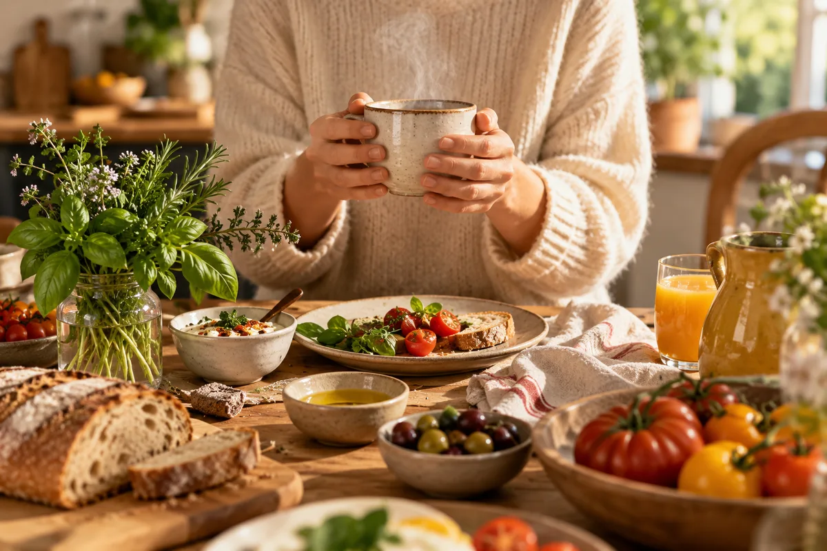 Mains tenant une tasse fumante au-dessus d’une table de petit-déjeuner, Le bon repas