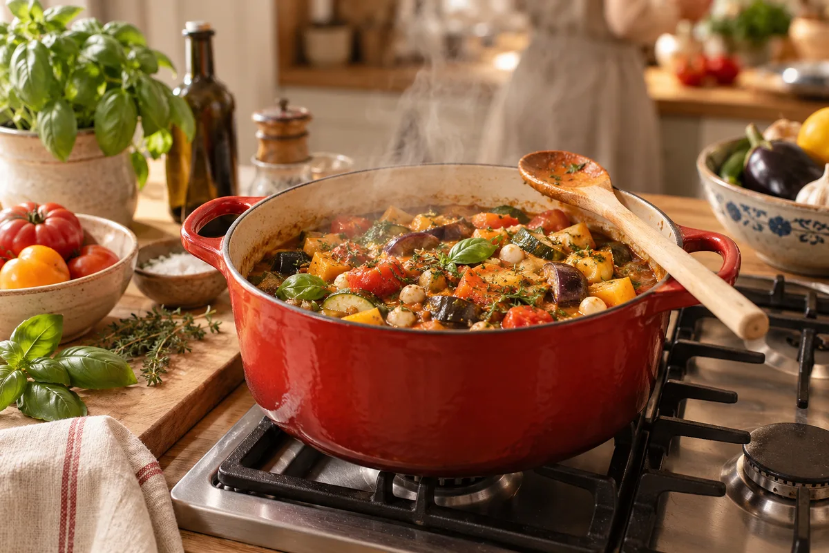 Cocotte en fonte fumante remplie d’un ragoût de légumes sur une gazinière, cuisine maison
