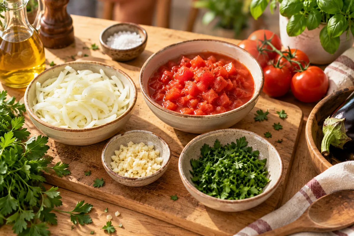 Vue du dessus d’ingrédients préparés en petits bols, cuisine maison