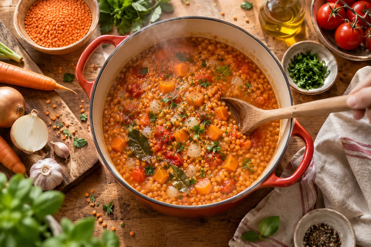 Casserole fumante de lentilles corail mijotant avec carottes et oignons, cuisiner les légumineuses