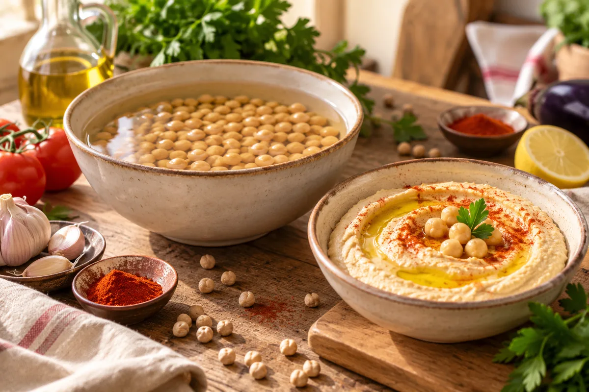 Saladier de pois chiches trempant dans l’eau à côté d’un bol de houmous maison parsemé de paprika et d’huile d’olive, cuisiner les légumineuses
