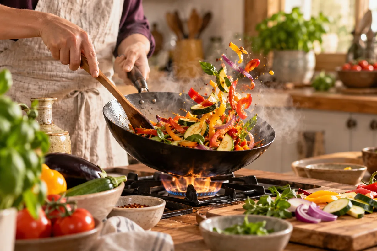 Mains faisant sauter des légumes émincés dans un wok fumant au-dessus d’une flamme, cuisson des légumes