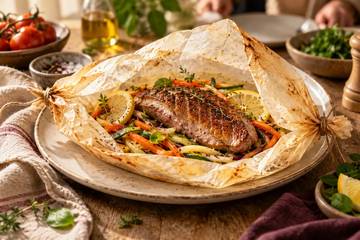 Papillote de papier cuisson entrouverte sur un dos de colvert entouré de julienne de légumes et de citron, cuisson vapeur