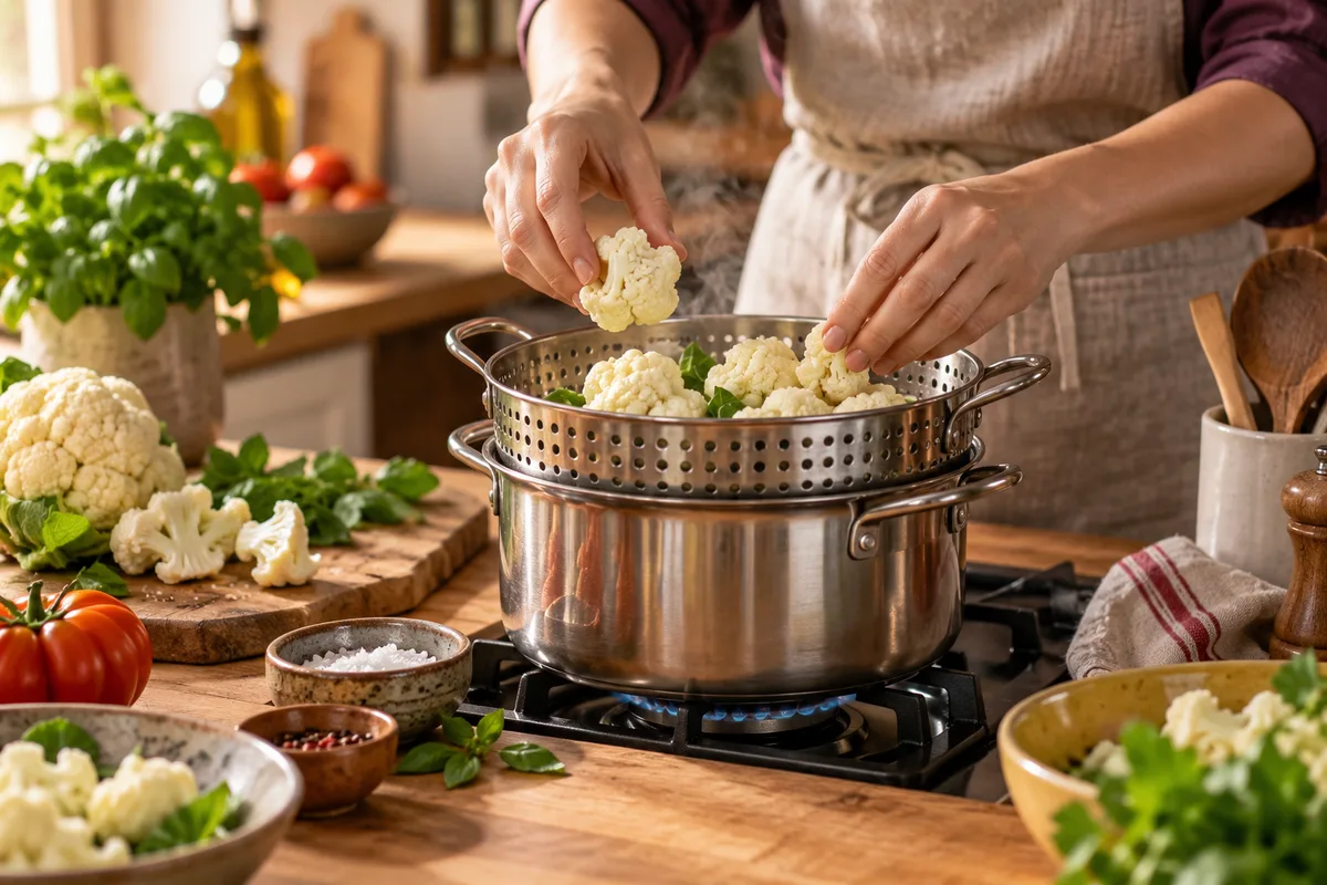 Mains déposant des fleurettes de chou-fleur dans un panier vapeur métallique au-dessus d’une casserole frémissante, cuisson vapeur