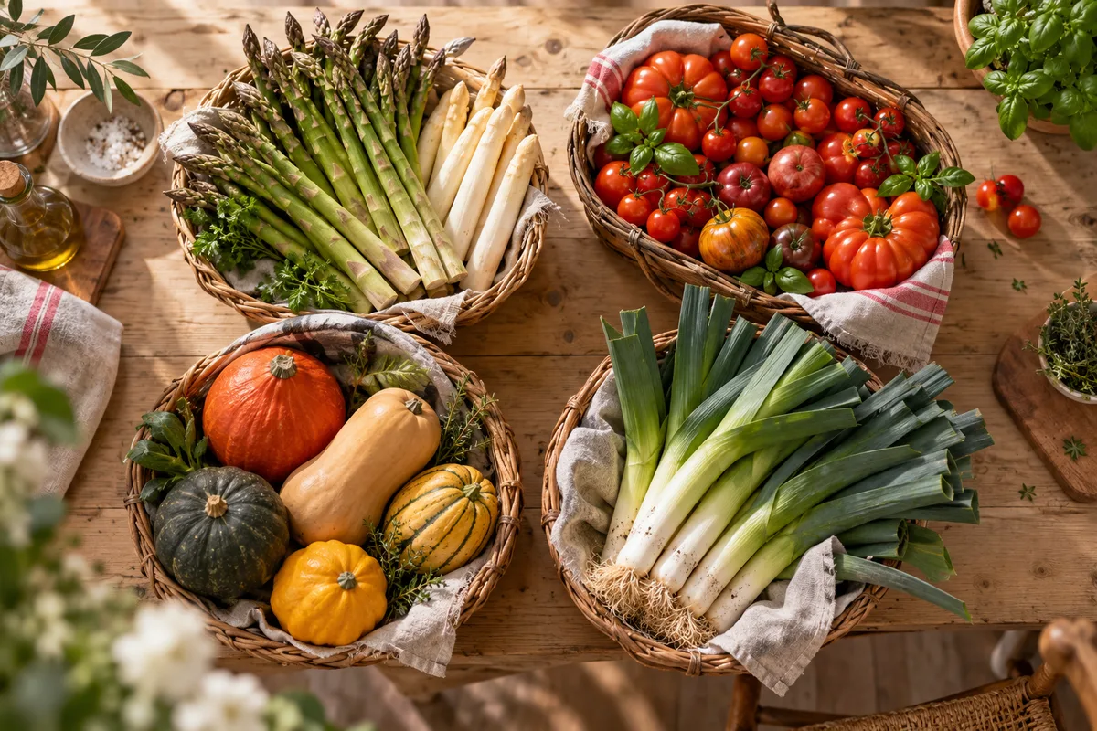Vue du dessus de quatre corbeilles représentant les saisons, fruits et légumes de saison
