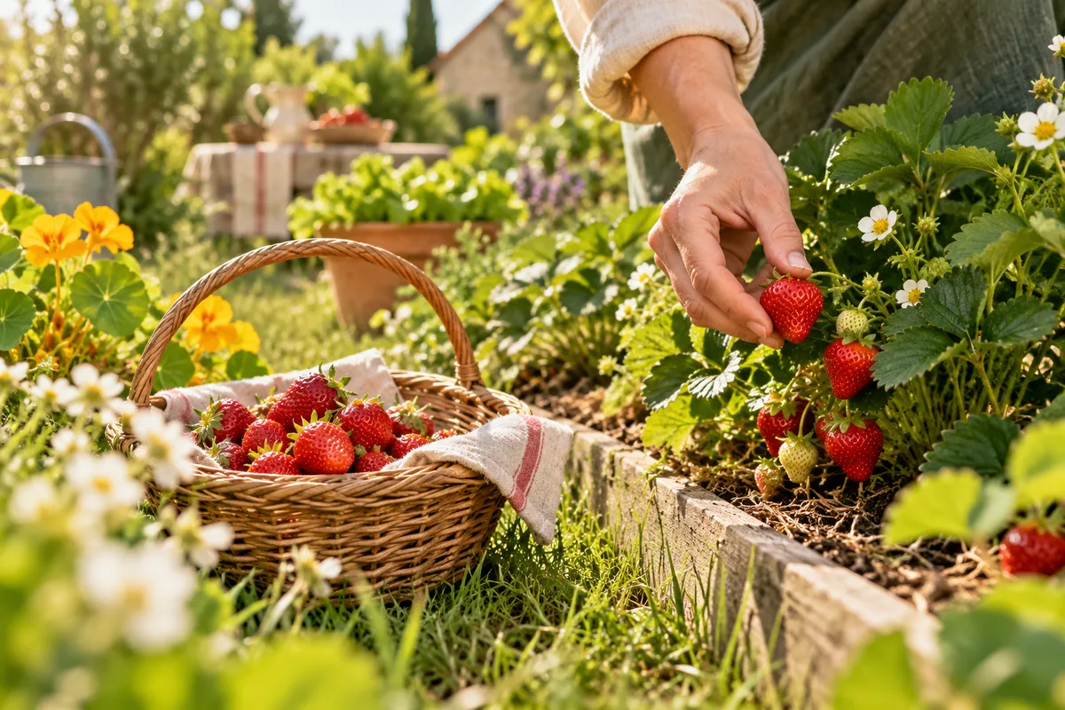 Main cueillant des fraises mûres dans un jardin potager, fruits et légumes de saison