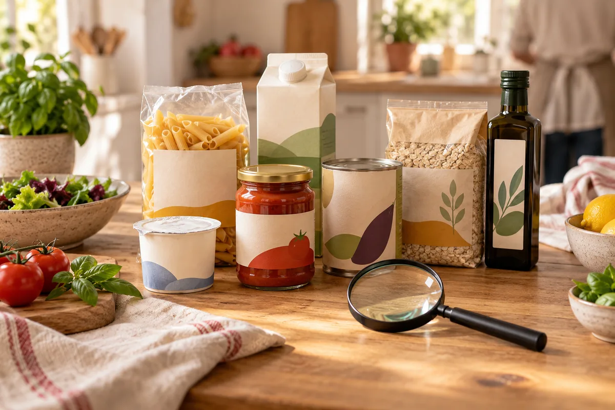 Plusieurs emballages alimentaires neutres sans inscription lisible posés côte à côte sur une table de cuisine, lire une étiquette alimentaire