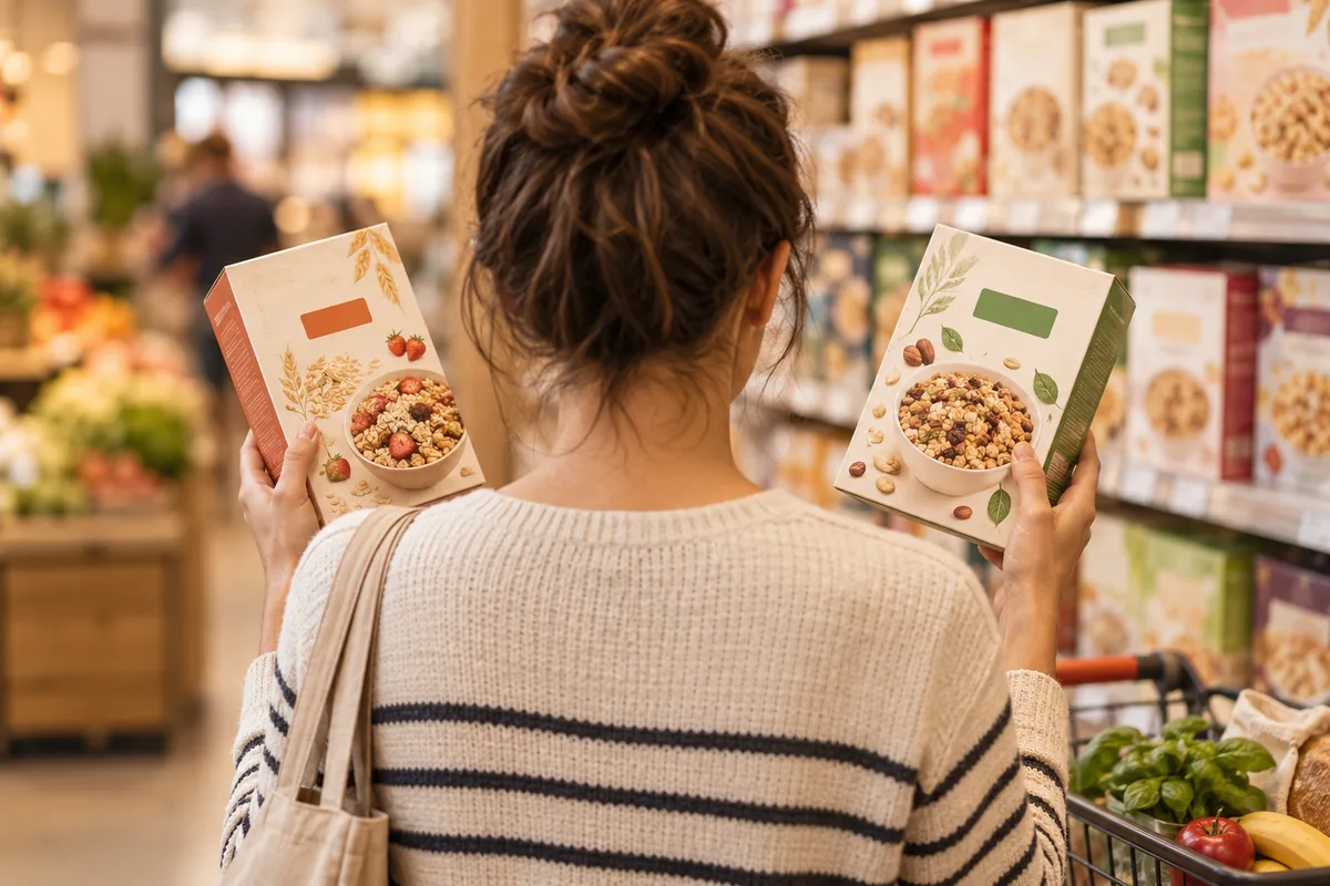 Personne de dos comparant deux boîtes de céréales neutres dans un rayon de supermarché flou, lire une étiquette alimentaire