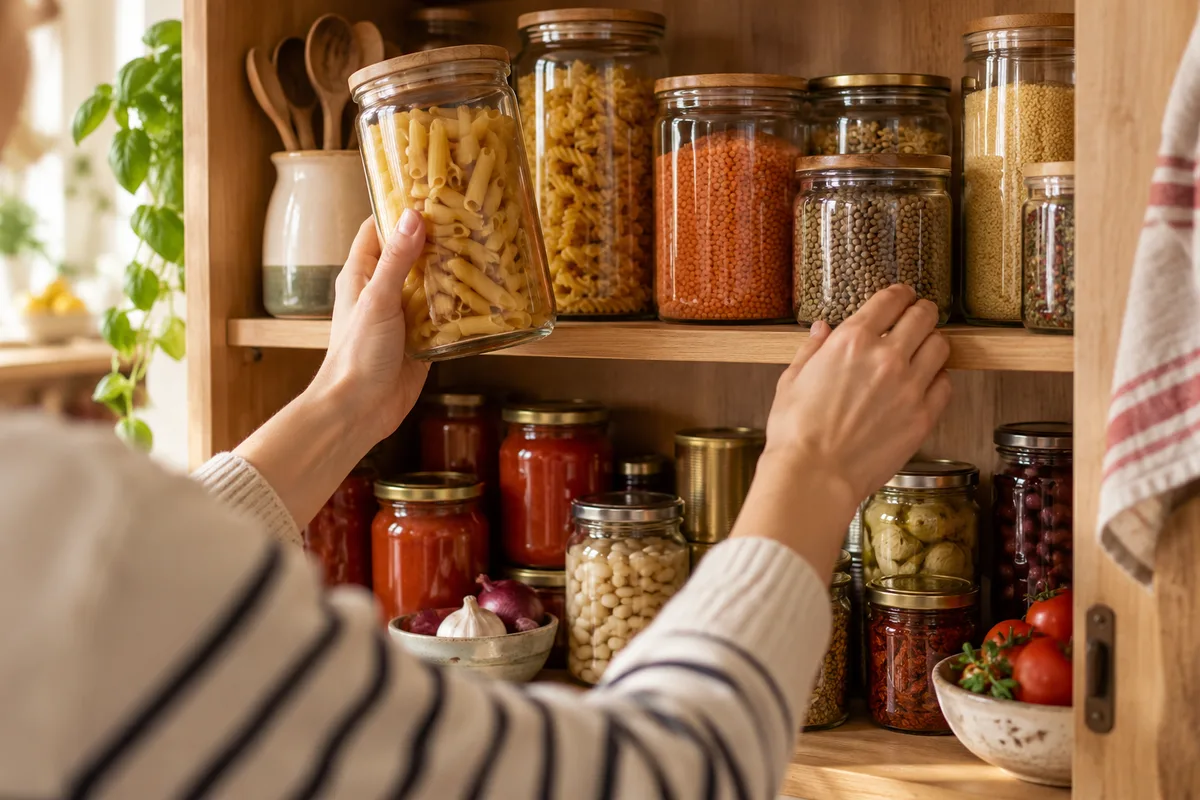 Mains vérifiant le contenu d’un placard de cuisine, liste de courses