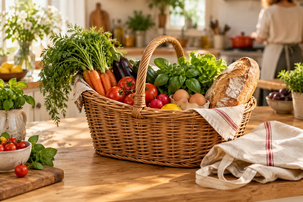 Panier de courses en osier garni de légumes, liste de courses