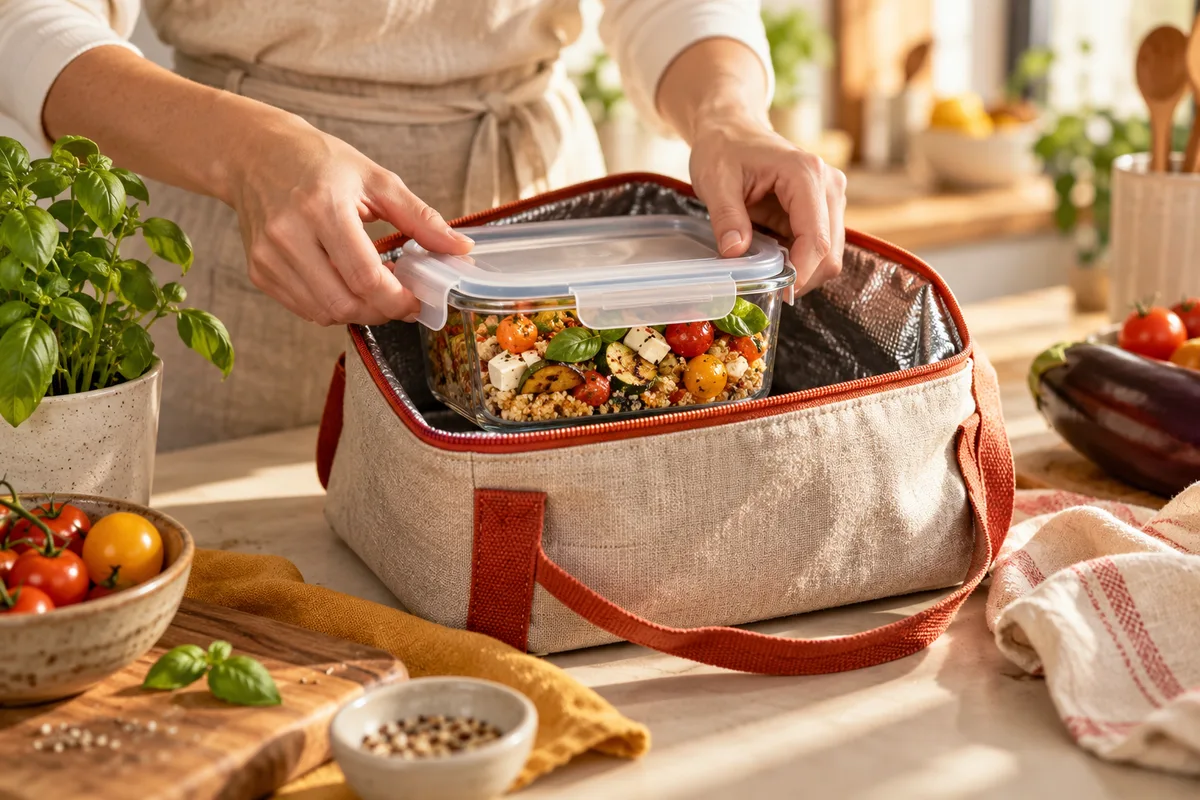 Mains fermant le couvercle d’une boîte repas en verre glissée dans un sac isotherme posé sur un plan de travail, lunch box