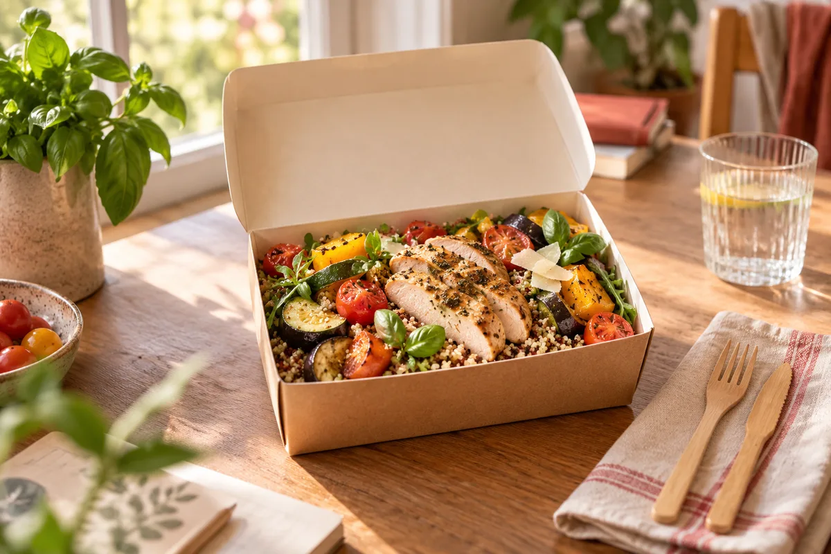 Boîte repas ouverte sur un bureau en bois près d’une fenêtre, lunch box