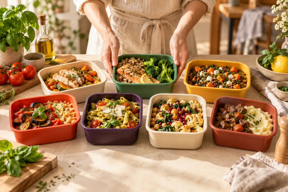 Mains disposant sept boîtes repas colorées sur un plan de travail, menus de la semaine