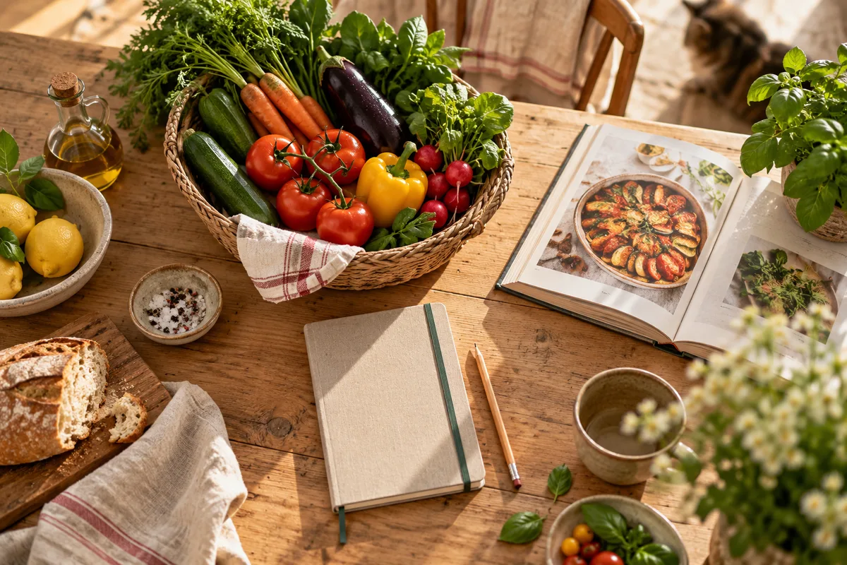 Vue du dessus d’une table avec carnet fermé, menus de la semaine
