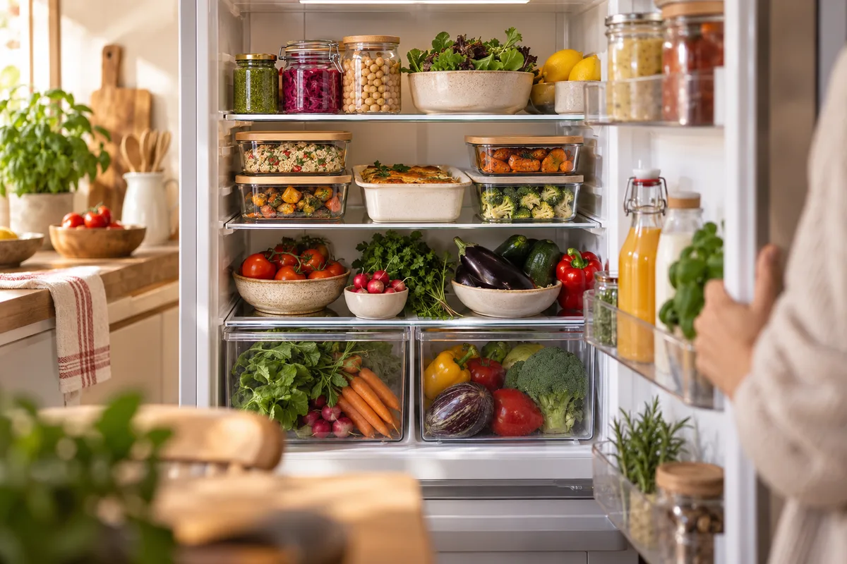 Réfrigérateur ouvert rangé avec soin, organiser ses repas