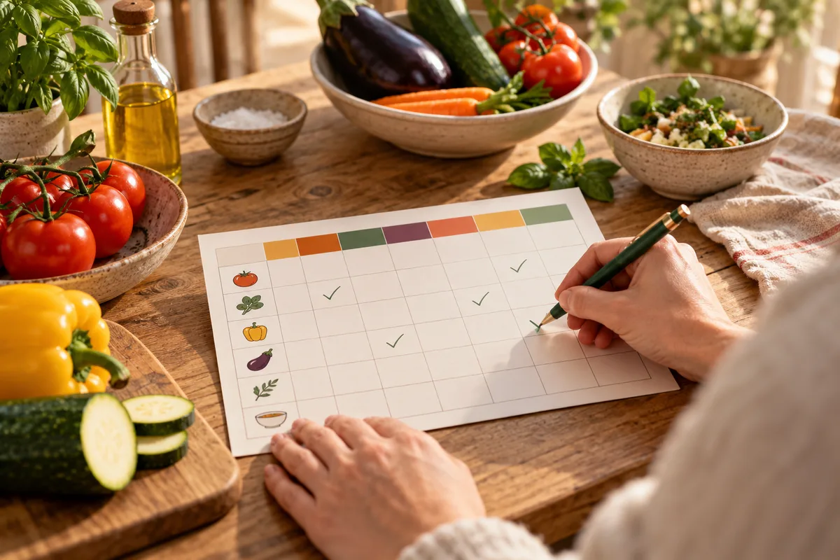 Main cochant un planning de semaine vierge de texte lisible posé à côté de légumes et d’un crayon sur une table, organiser ses repas
