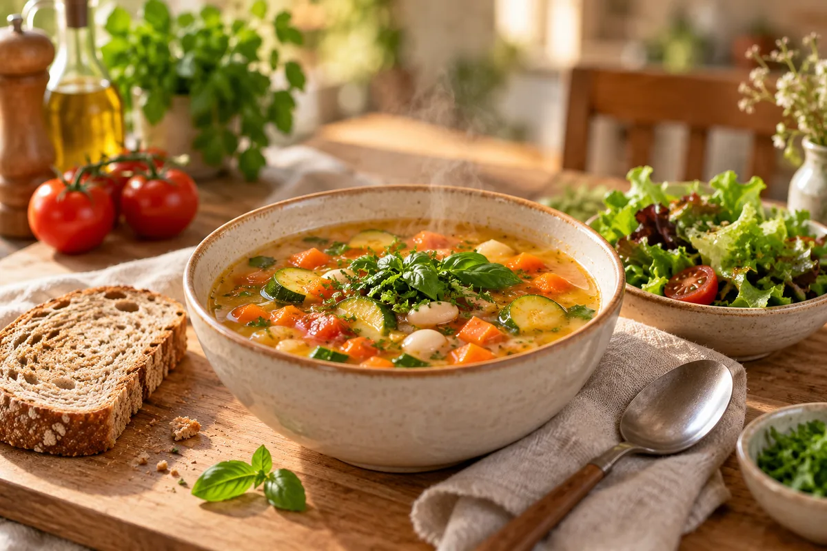 Bol de soupe de légumes maison fumante accompagné d’une tranche de pain complet et d’une salade verte sur une table en bois, repas pour perdre du poids