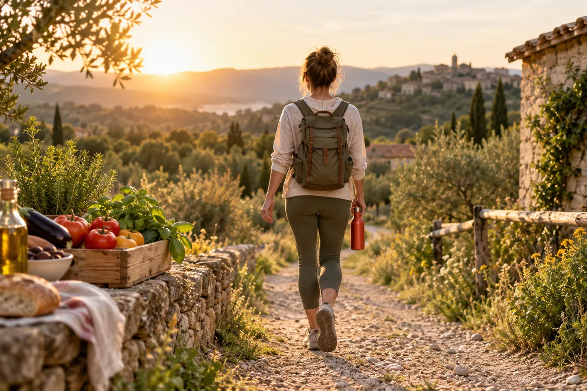 Personne de dos marchant d’un bon pas sur un chemin de campagne au lever du soleil, repas pour perdre du poids