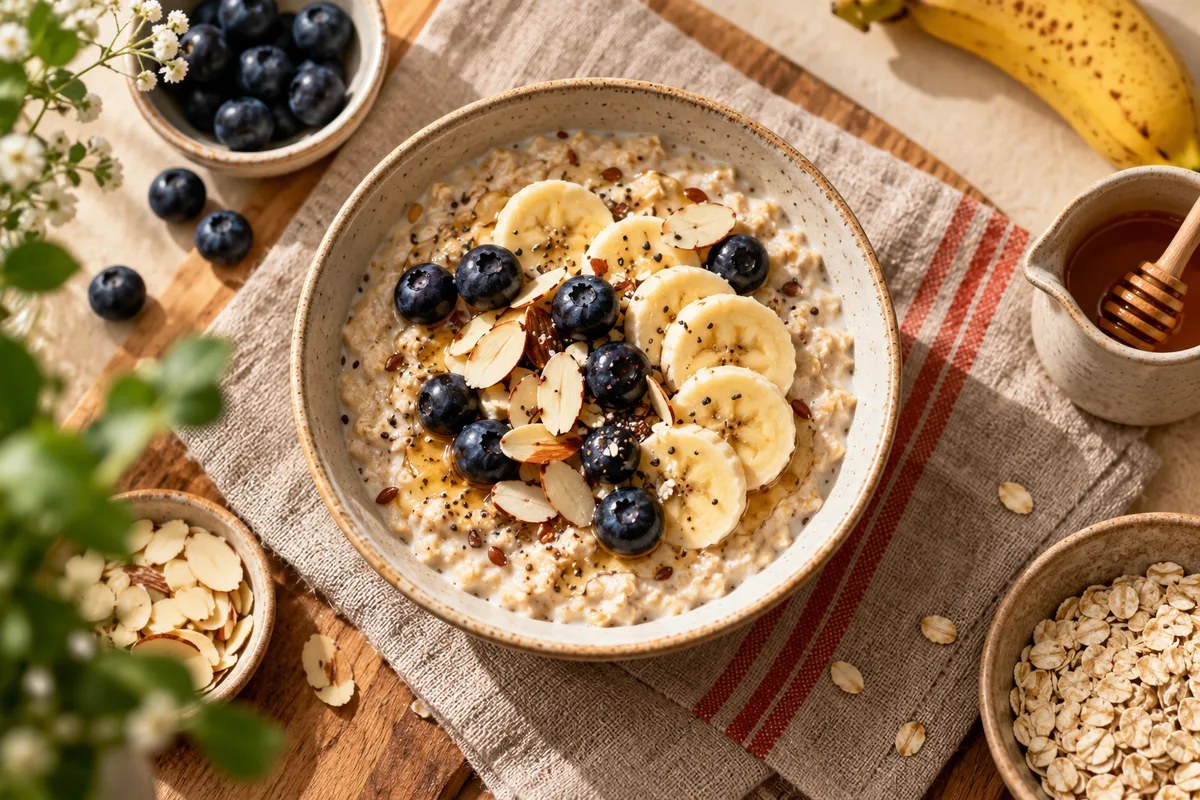 Bol de flocons d’avoine garni de banane, petit-déjeuner équilibré